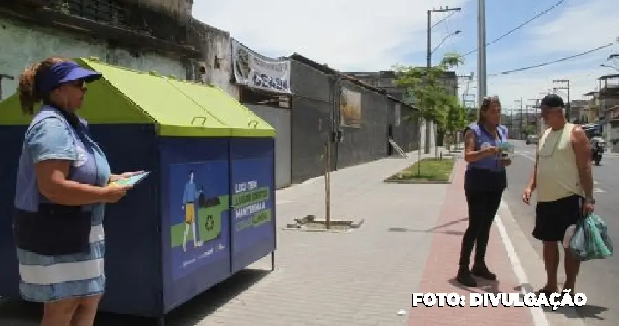 Contêiner de lixo instalado no trecho 1 do MUVI em Neves, São Gonçalo, como parte do projeto de mobilidade urbana sustentável