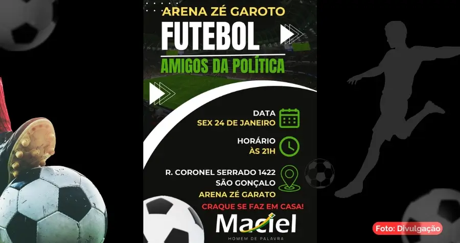 articipe do encontro de amigos da política com futebol e resenha sobre política. Sexta-feira, 24 de janeiro, na Arena Zé Garoto. Churrasco e bate-papo de raiz!